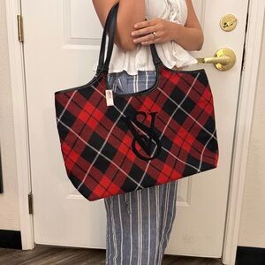 NWT Victoria’s Secret Red & Black Plaid Tote Bag Overnighter Travel Holiday